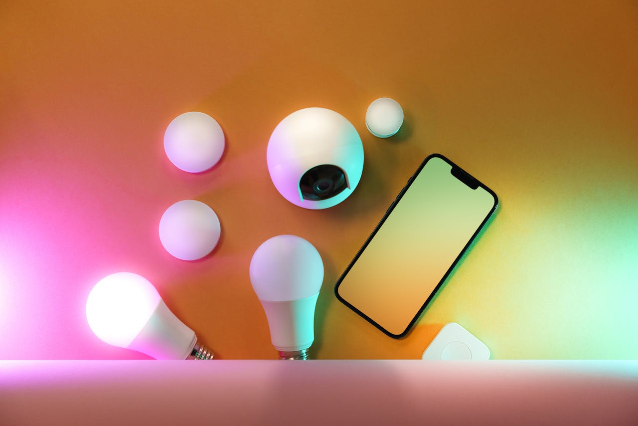 A collection of smart home devices including light bulbs and a smartphone, showcasing modern technology.